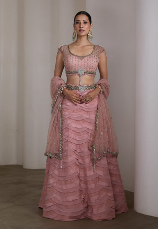 Pink embellished ruffle lehenga set