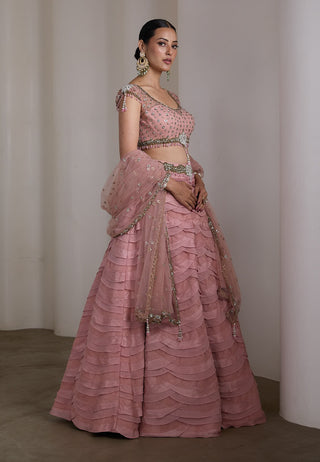 Pink embellished ruffle lehenga set