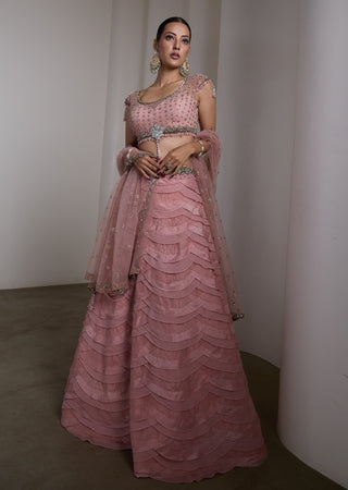 Pink embellished ruffle lehenga set