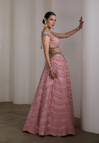 Pink embellished ruffle lehenga set