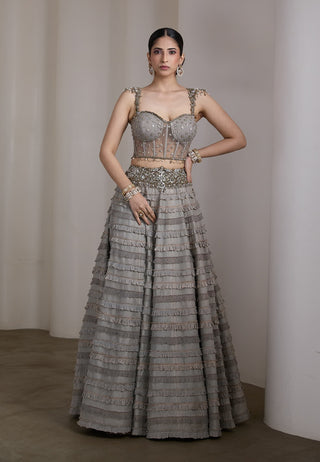 Grey embellished ruffle lehenga and blouse