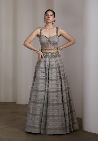 Grey embellished ruffle lehenga and blouse