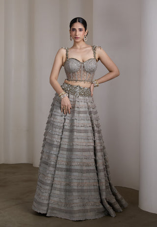 Grey embellished ruffle lehenga and blouse