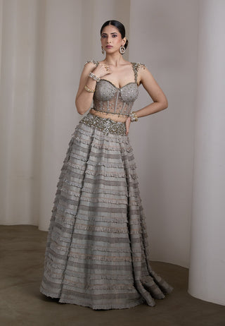 Grey embellished ruffle lehenga and blouse