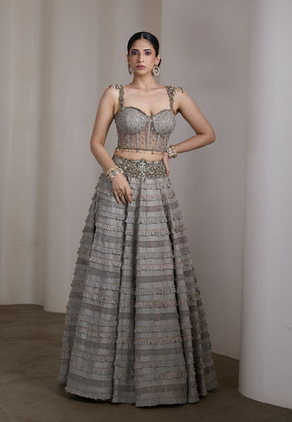 Grey embellished ruffle lehenga and blouse