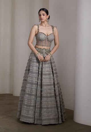 Grey embellished ruffle lehenga and blouse