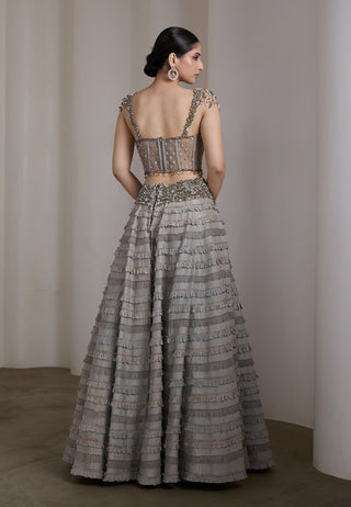 Grey embellished ruffle lehenga and blouse