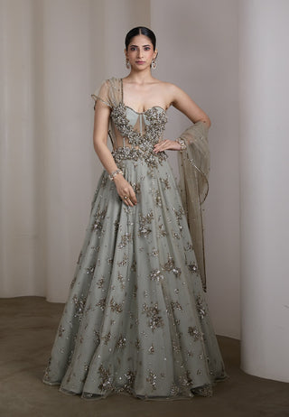 Grey corset floral sequin gown