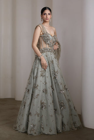 Grey corset floral sequin gown