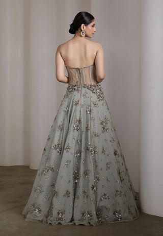 Grey corset floral sequin gown