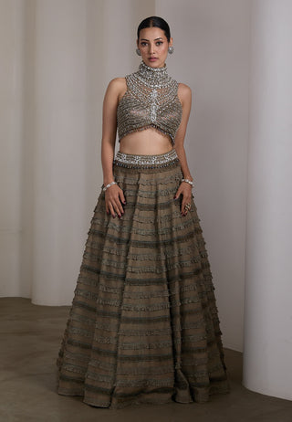 Olive crystal embellished ruffle lehenga and blouse