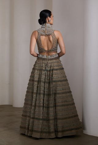 Olive crystal embellished ruffle lehenga and blouse