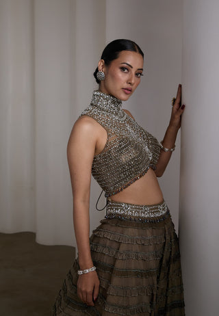 Olive crystal embellished ruffle lehenga and blouse