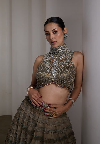 Olive crystal embellished ruffle lehenga and blouse