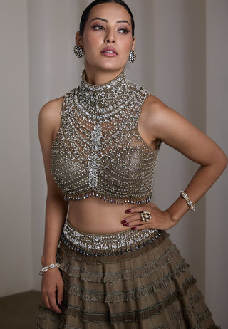 Olive crystal embellished ruffle lehenga and blouse