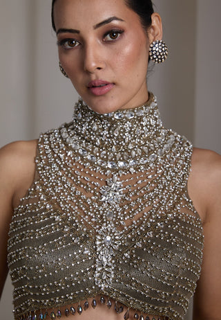 Olive crystal embellished ruffle lehenga and blouse