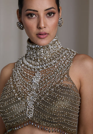 Olive crystal embellished ruffle lehenga and blouse