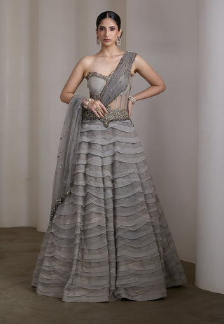 Grey ruffled corset gown