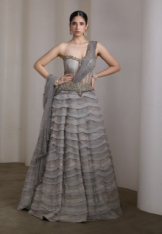 Grey ruffled corset gown
