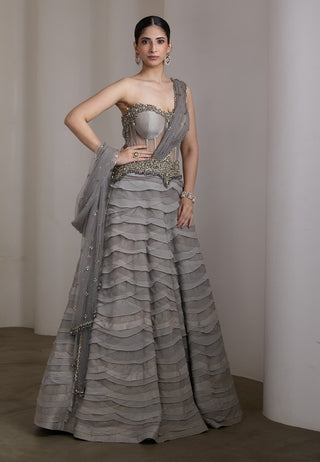 Grey ruffled corset gown