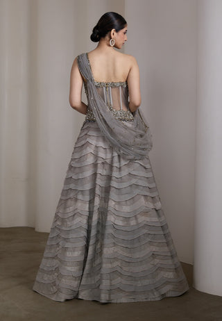 Grey ruffled corset gown