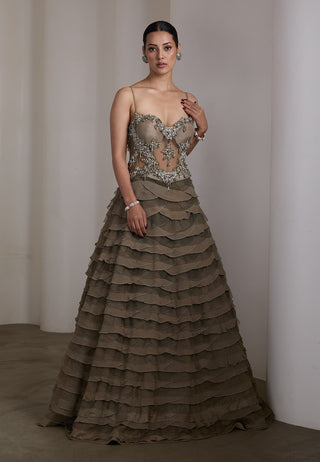 Olive silver embellished ruffle gown