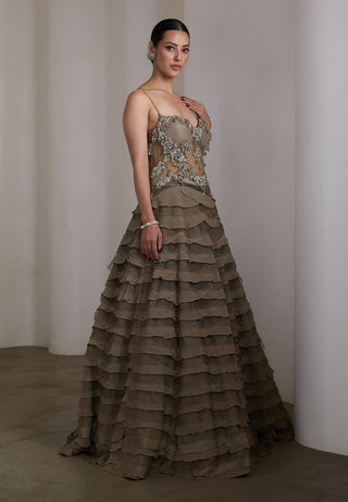 Olive silver embellished ruffle gown