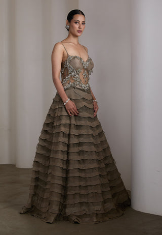 Olive silver embellished ruffle gown