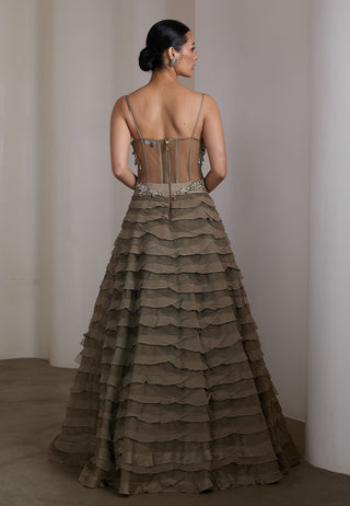 Olive silver embellished ruffle gown