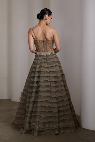 Olive silver embellished ruffle gown