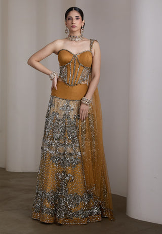 Mustard gold embellished corset lehenga set