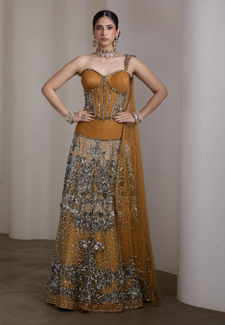 Mustard gold embellished corset lehenga set