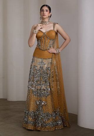Mustard gold embellished corset lehenga set
