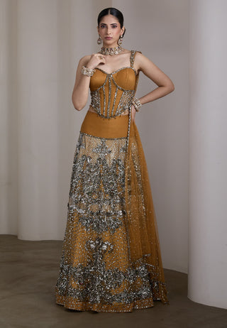 Mustard gold embellished corset lehenga set