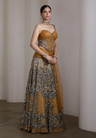 Mustard gold embellished corset lehenga set