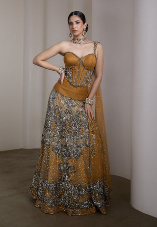 Mustard gold embellished corset lehenga set