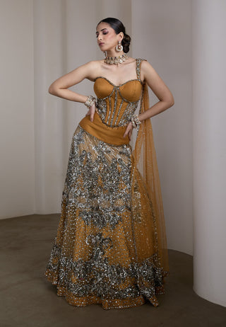 Mustard gold embellished corset lehenga set