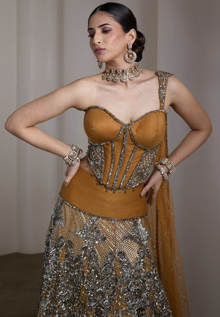 Mustard gold embellished corset lehenga set