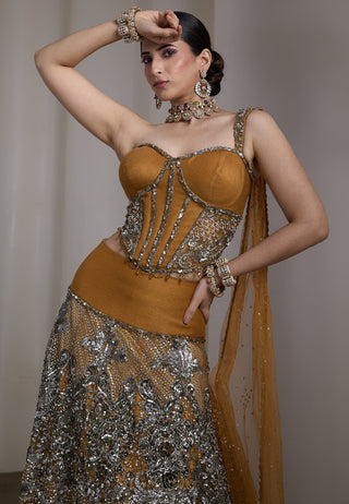 Mustard gold embellished corset lehenga set