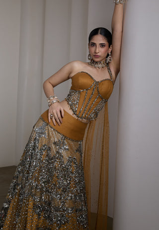 Mustard gold embellished corset lehenga set