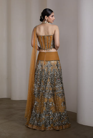 Mustard gold embellished corset lehenga set