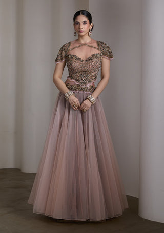 Pink sheer bodice embellished lehenga and blouse
