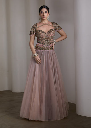 Pink sheer bodice embellished lehenga and blouse
