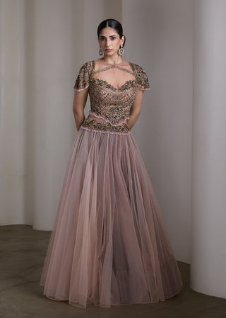 Pink sheer bodice embellished lehenga and blouse