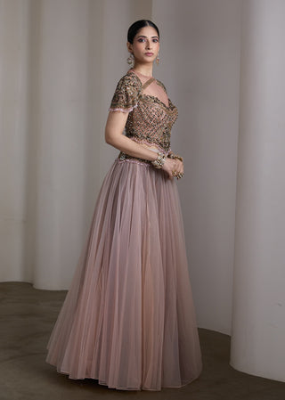 Pink sheer bodice embellished lehenga and blouse