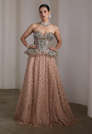 Pink gold embellished corset lehenga and corset