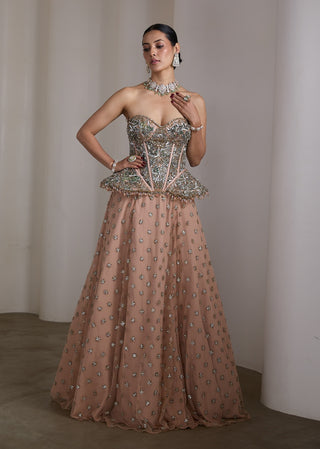 Pink gold embellished corset lehenga and corset
