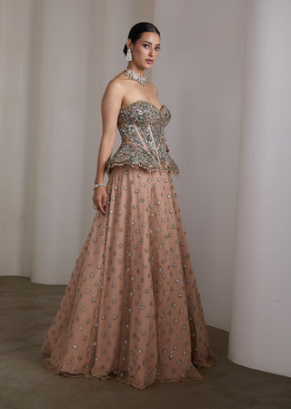 Pink gold embellished corset lehenga and corset