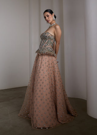 Pink gold embellished corset lehenga and corset
