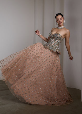 Pink gold embellished corset lehenga and corset